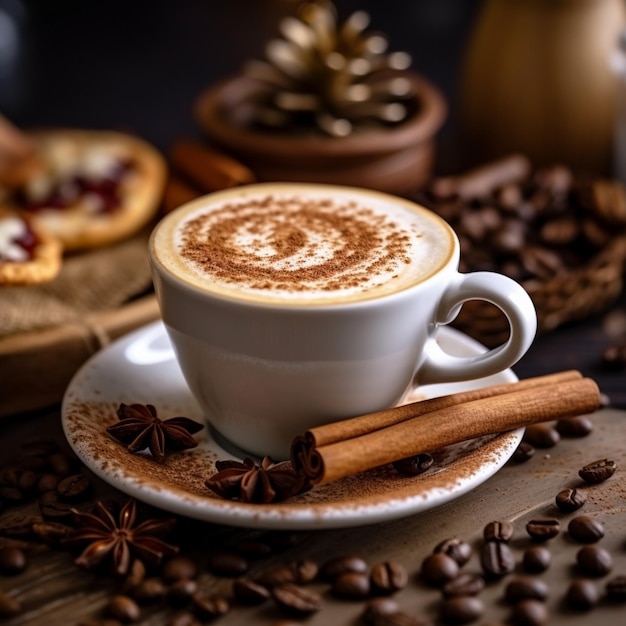 A cup of coffee with cinnamon sticks on the table