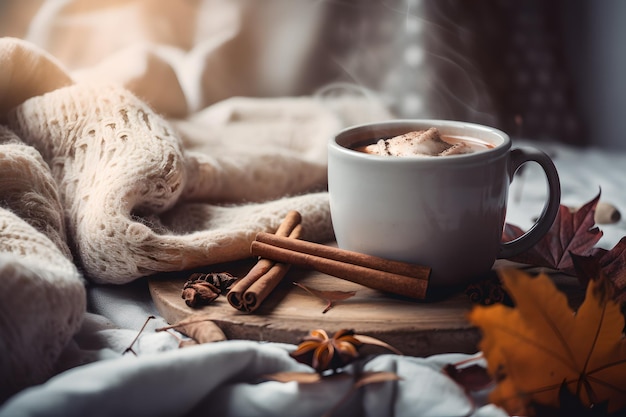 A cup of coffee with cinnamon sticks on a wooden tray with a sweater on it