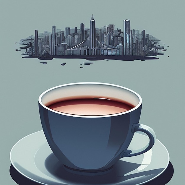 a cup of coffee with a city in the background