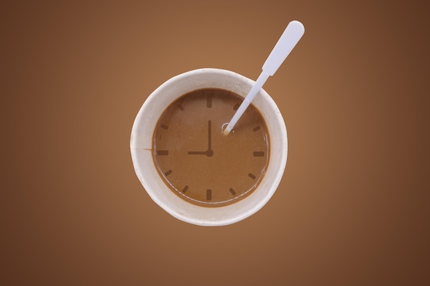 Cup of coffee with clock on brown background