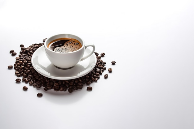 a cup of coffee with coffee beans around a saucer isolated on white background with copy space