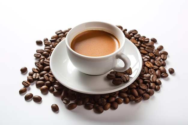 a cup of coffee with coffee beans around a saucer isolated on white background