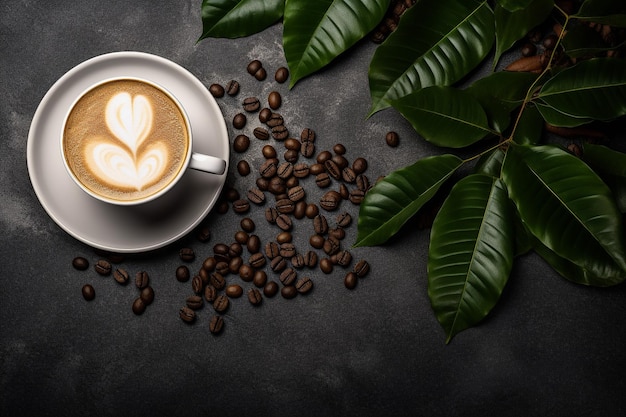 Cup of coffee with coffee beans in burlap bag and coffee powder in wooden spoon with blurred coffee