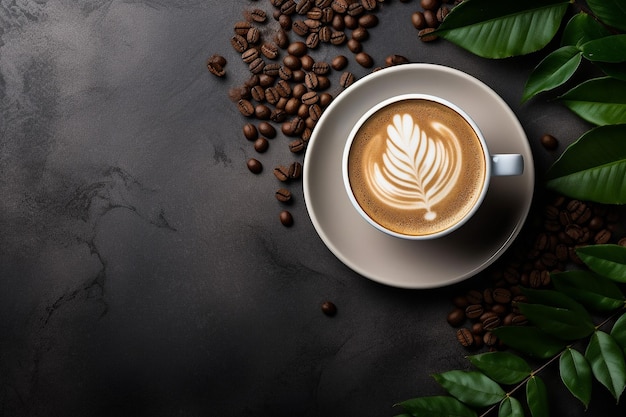 Cup of coffee with coffee beans in burlap bag and coffee powder in wooden spoon with blurred coffee