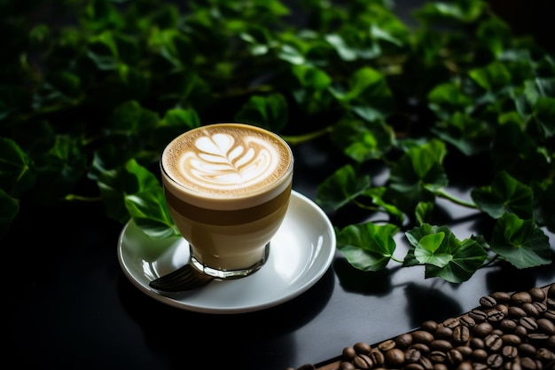 Cup of coffee with coffee beans in burlap bag and coffee powder in wooden spoon with blurred coffee