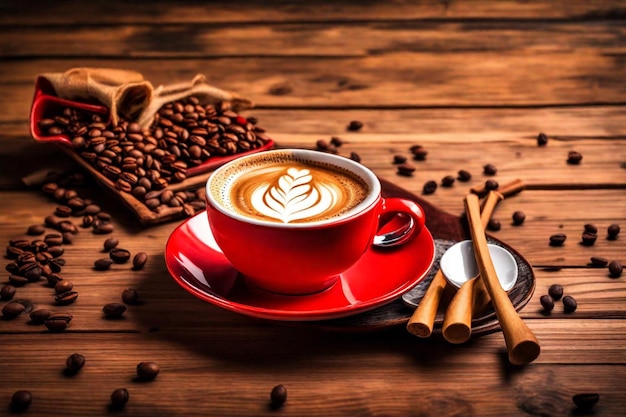 a cup of coffee with coffee beans and cinnamon sticks on a wooden table