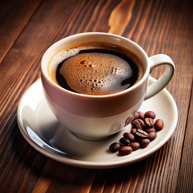 a cup of coffee with coffee beans and coffee beans on a wooden table