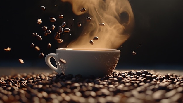 Photo a cup of coffee with coffee beans and coffee beans