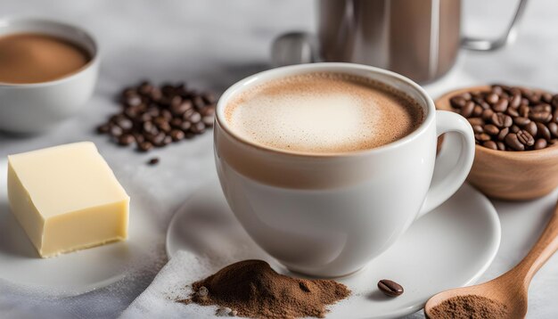 a cup of coffee with coffee beans and coffee beans