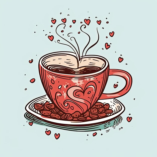 Cup of coffee with coffee beans and hearts Coffee Valentines Day clipart AI Generated