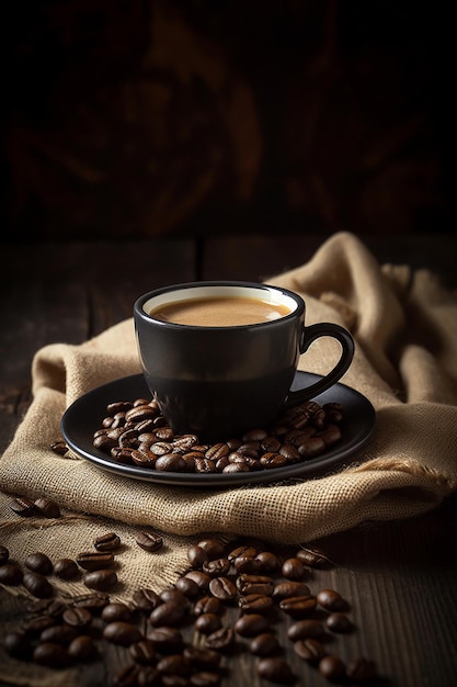 A cup of coffee with coffee beans on a plate.