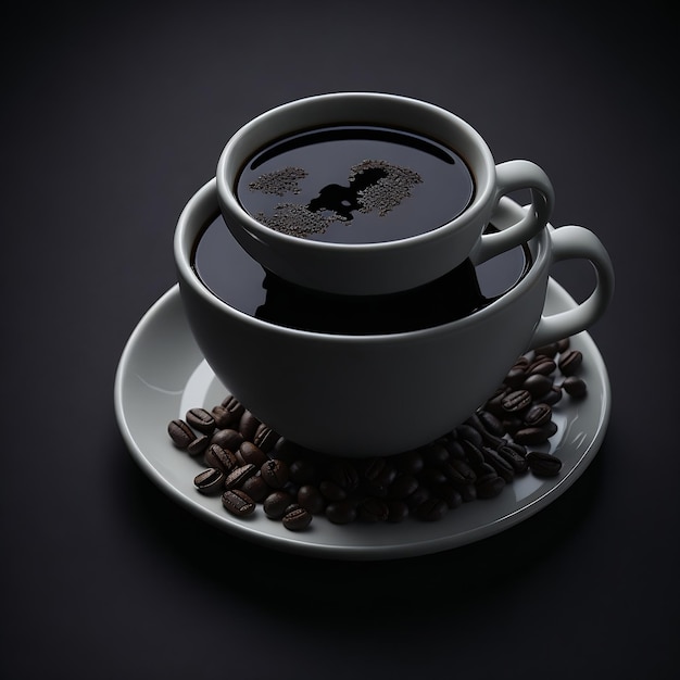 A cup of coffee with coffee beans on a table dark background