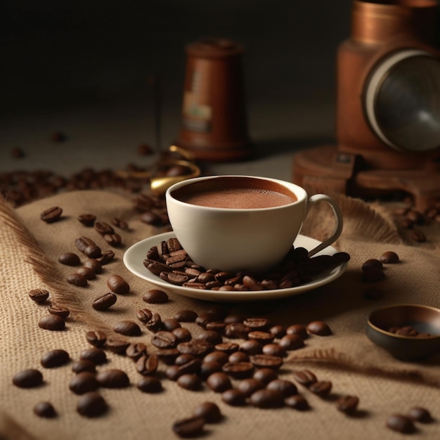 A cup of coffee with coffee beans on a table with a brown cloth.