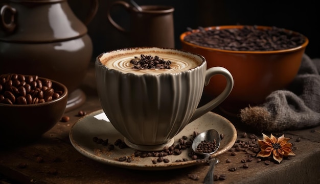 A cup of coffee with coffee beans on the table