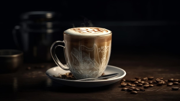 A cup of coffee with a coffee beans on the table