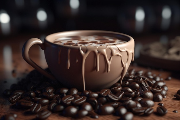 A cup of coffee with a coffee beans on the table