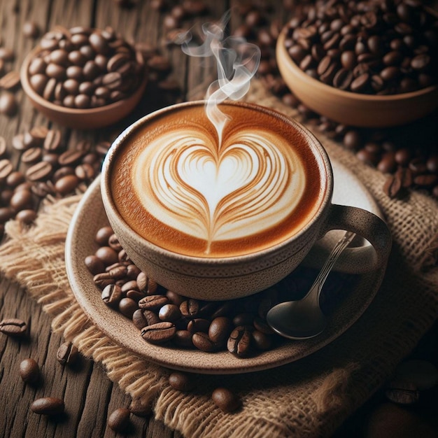 A cup of coffee with coffee beans on top of it