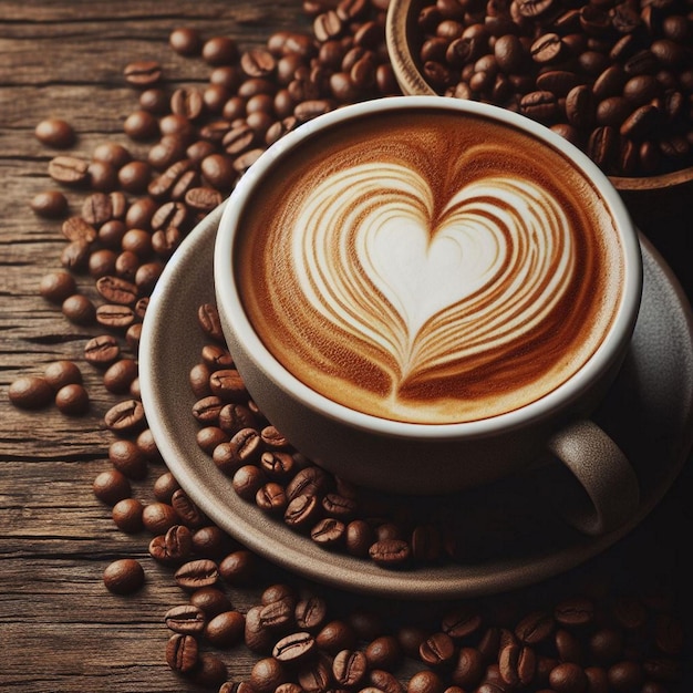 A cup of coffee with coffee beans on top of it