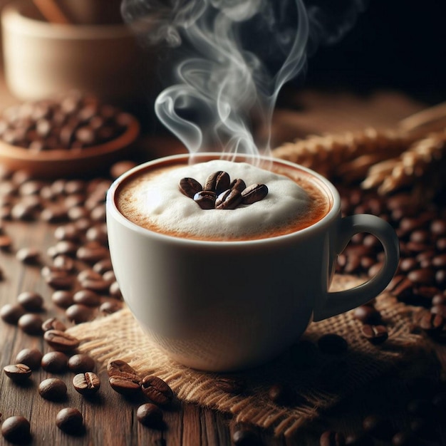 A cup of coffee with coffee beans on top of it