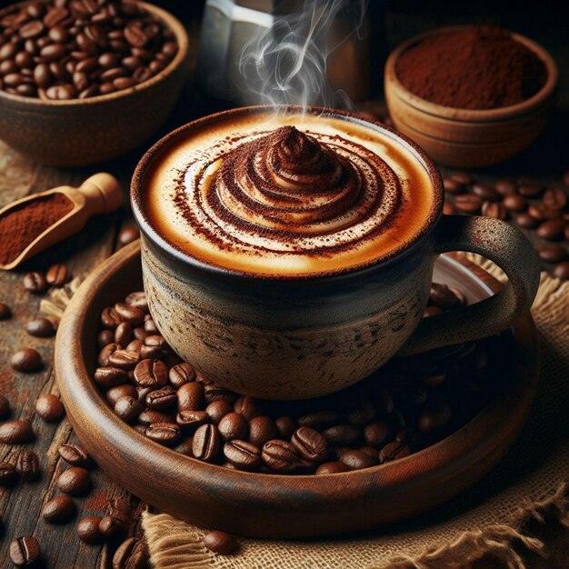 A cup of coffee with coffee beans on top of it