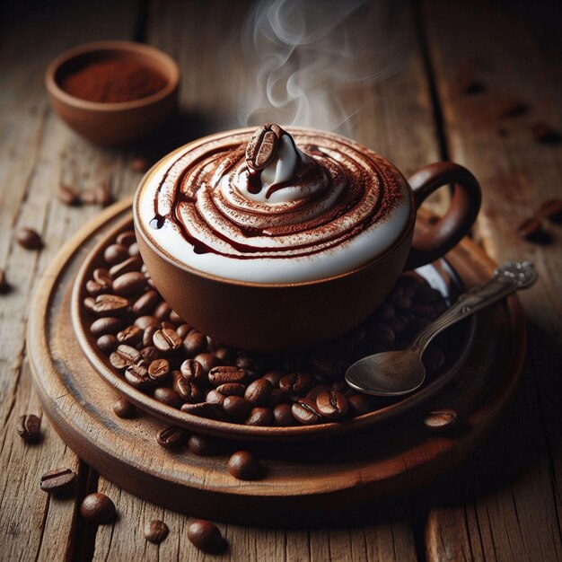 A cup of coffee with coffee beans on top of it