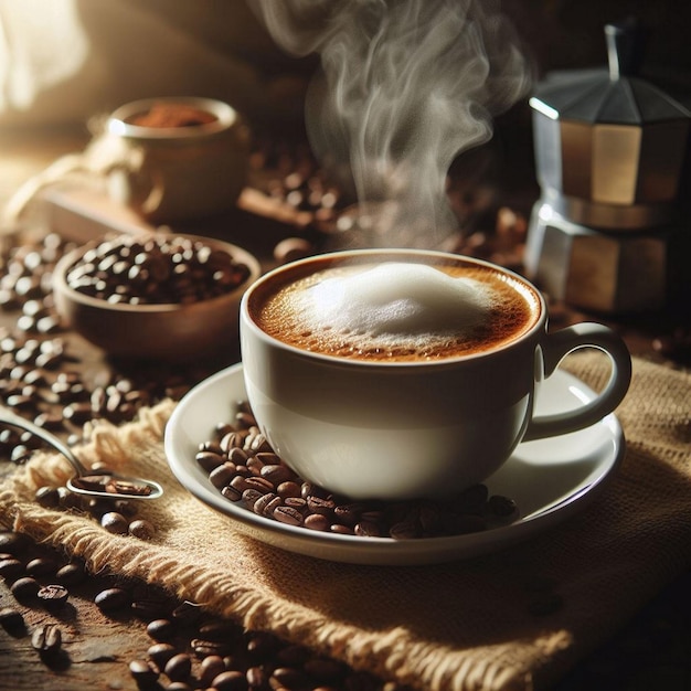 A cup of coffee with coffee beans on top of it