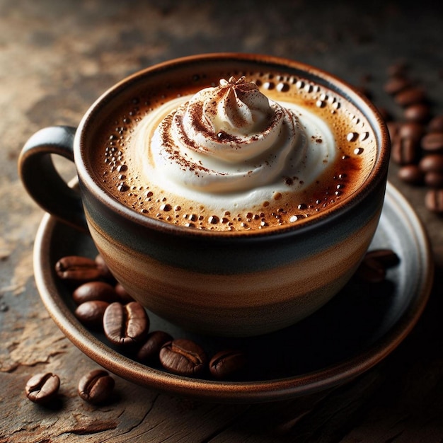 A cup of coffee with coffee beans on top of it