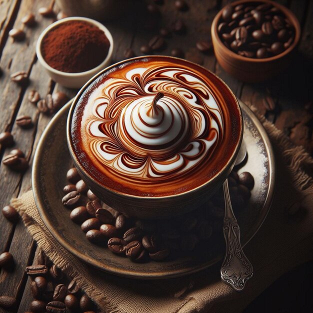 A cup of coffee with coffee beans on top of it