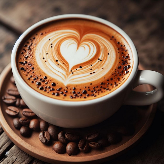 A cup of coffee with coffee beans on top of it