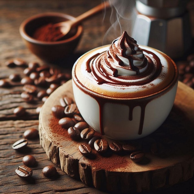 A cup of coffee with coffee beans on top of it