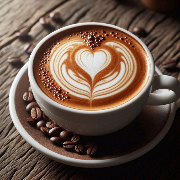 A cup of coffee with coffee beans on top of it