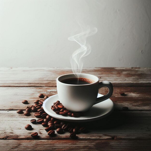 A cup of coffee with coffee beans on top of it