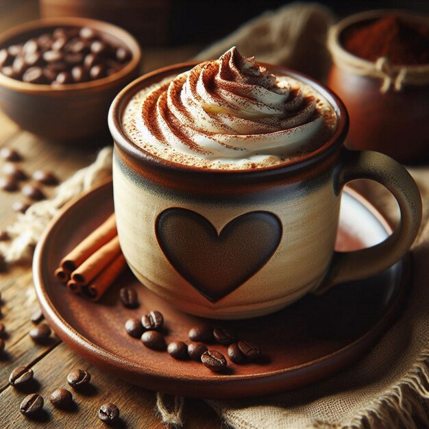 A cup of coffee with coffee beans on top of it