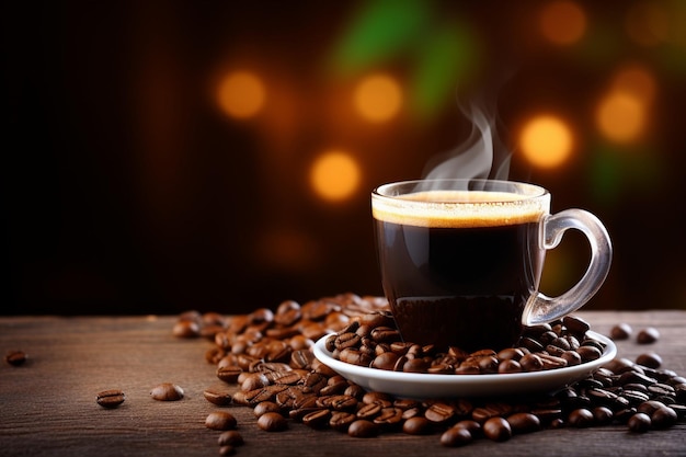 Cup of coffee with coffee beans on wooden background