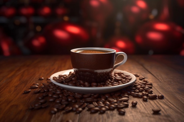 A cup of coffee with coffee beans on a wooden table