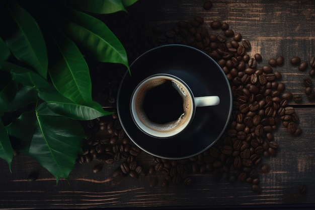 A cup of coffee with coffee beans on a wooden table.