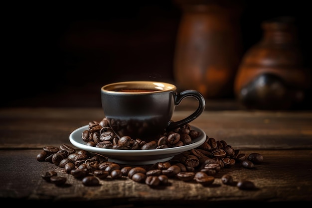 A cup of coffee with coffee beans on a wooden table