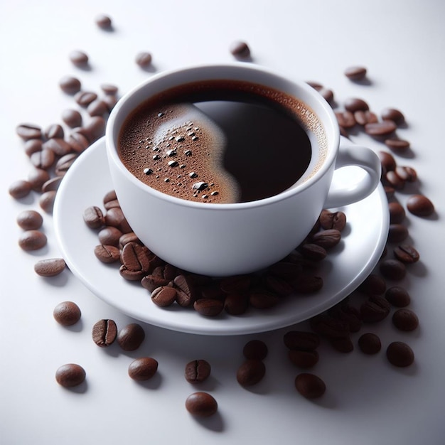 A cup of coffee with coffee beans