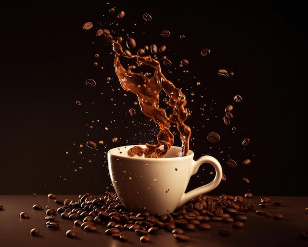 Cup of coffee with coffee splashes and coffee beans in studio dark background