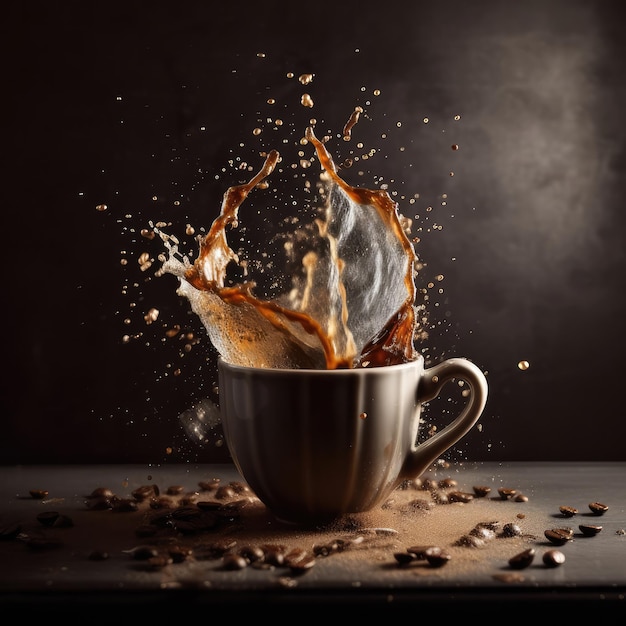 Cup of coffee with coffee splashes and coffee beans in studio dark background