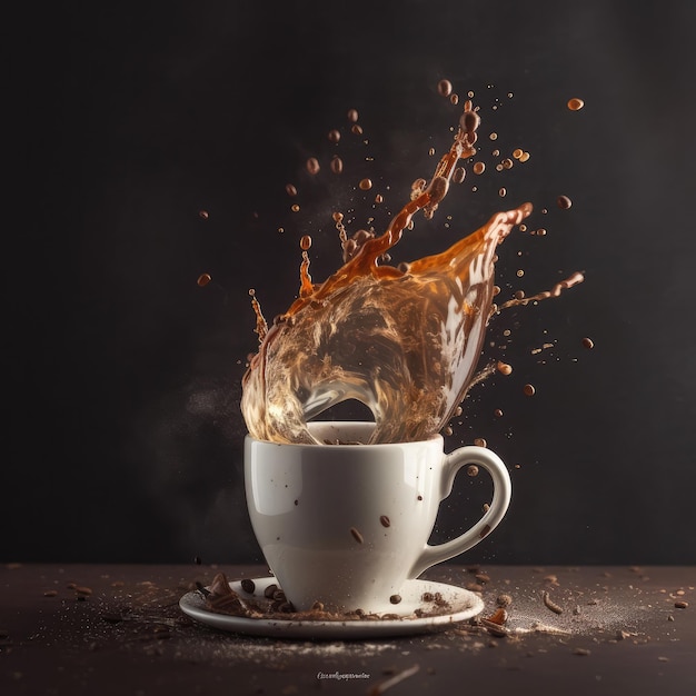 Cup of coffee with coffee splashes and coffee beans in studio dark background