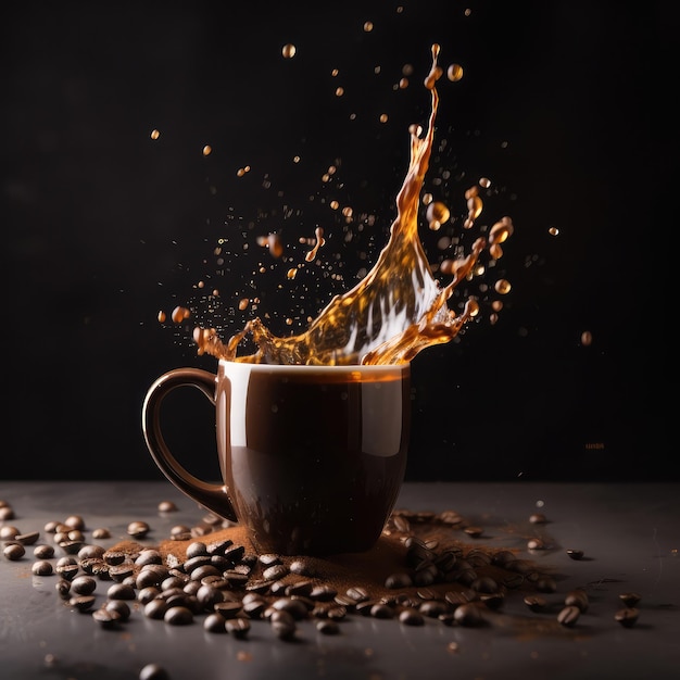 Cup of coffee with coffee splashes and coffee beans in studio dark background