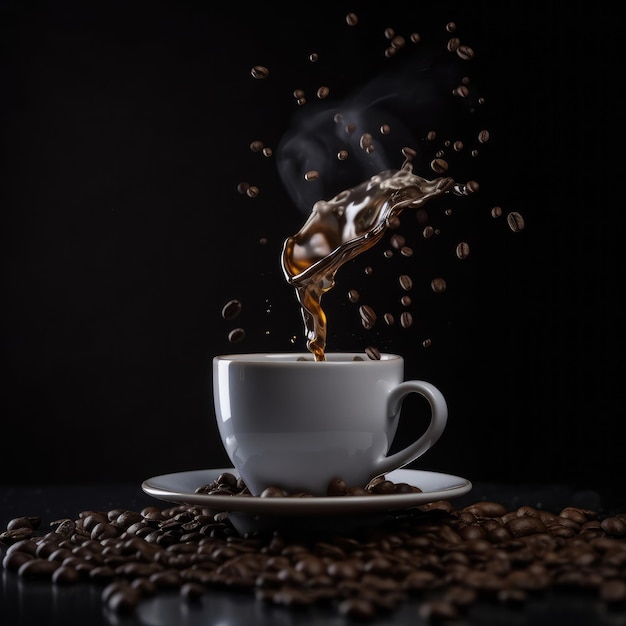 Cup of coffee with coffee splashes and coffee beans in studio dark background