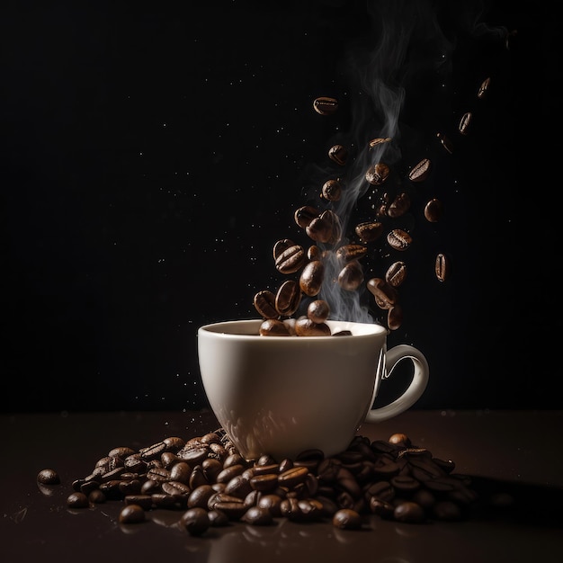 Cup of coffee with coffee splashes and coffee beans in studio dark background