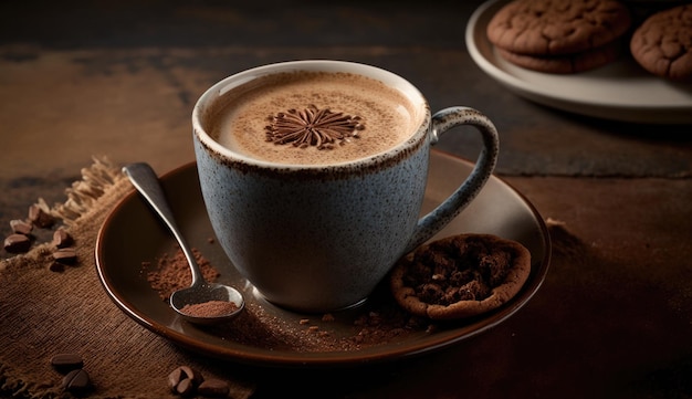 A cup of coffee with a cookie on the side