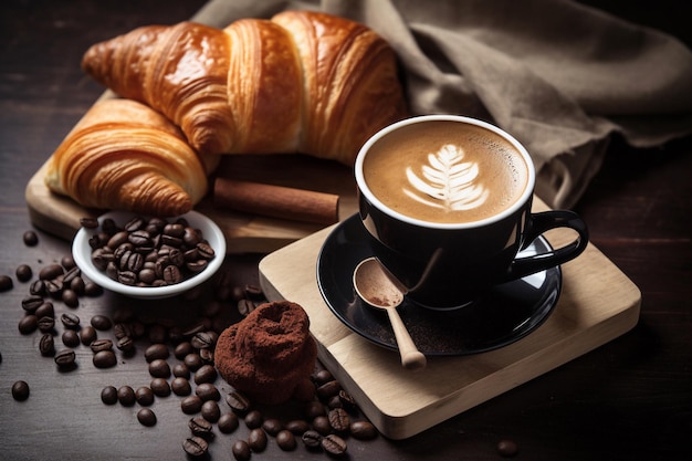 A cup of coffee with a croissant and coffee beans on a table.