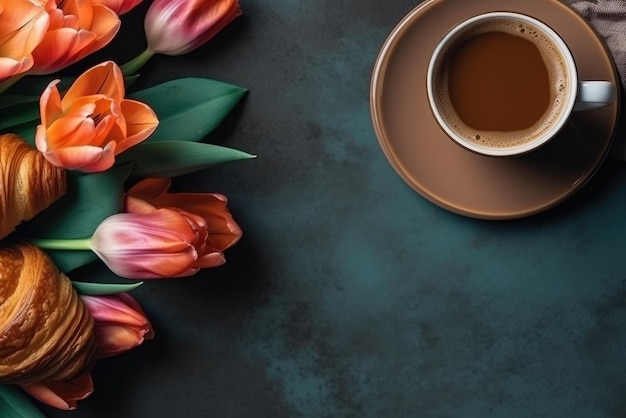 Cup of coffee with croissant and fresh tulips Generative AI