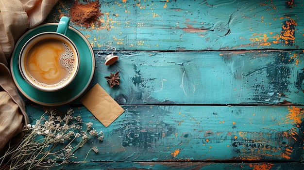 a cup of coffee with a cup of coffee on a blue table