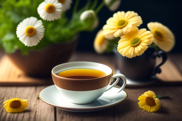 A cup of coffee with daisies in the background