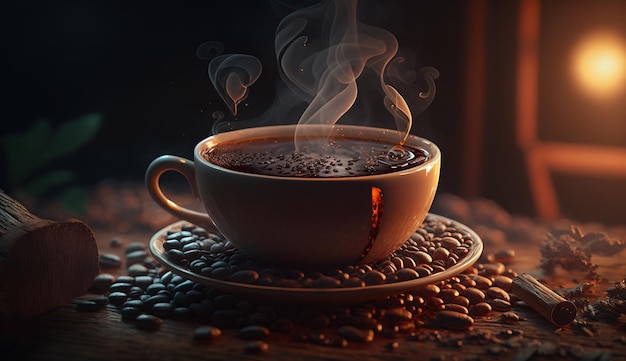 A cup of coffee with a dark background and a coffee beans on the top.